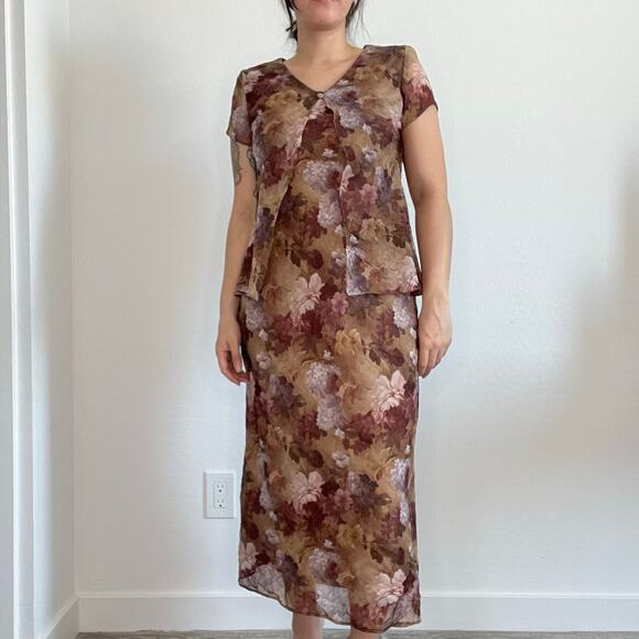 Jessica Howard Petite Floral Chiffon Midi Dress Brown Purple Overlay 90s‎ Mom - Picture 13 of 13